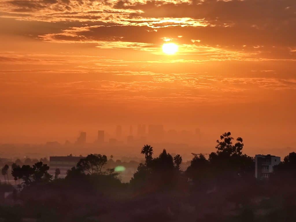 Sonnenuntergang über Downtown Los Angeles vom Elysian Park aus